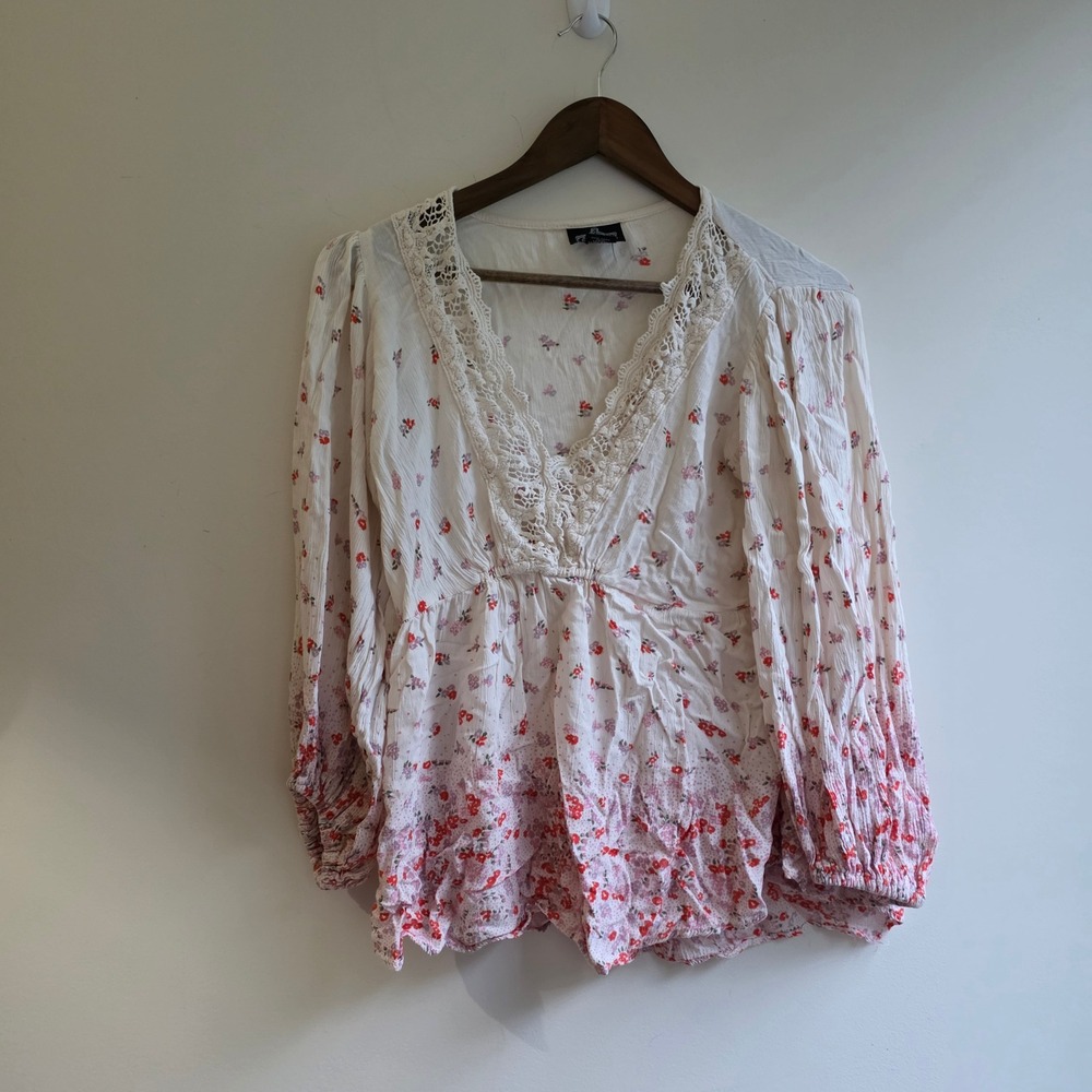 Angie Buckle Ditzy Floral Lace Peplum Blouse Pink Boho Balloon Sleeve Small